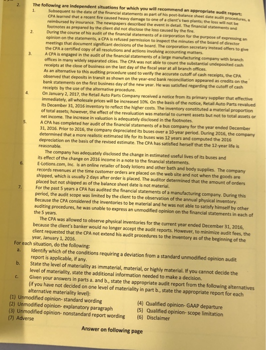 The following are independent situations for which you will recommend an appropriate audit report Subsequent to the date of t