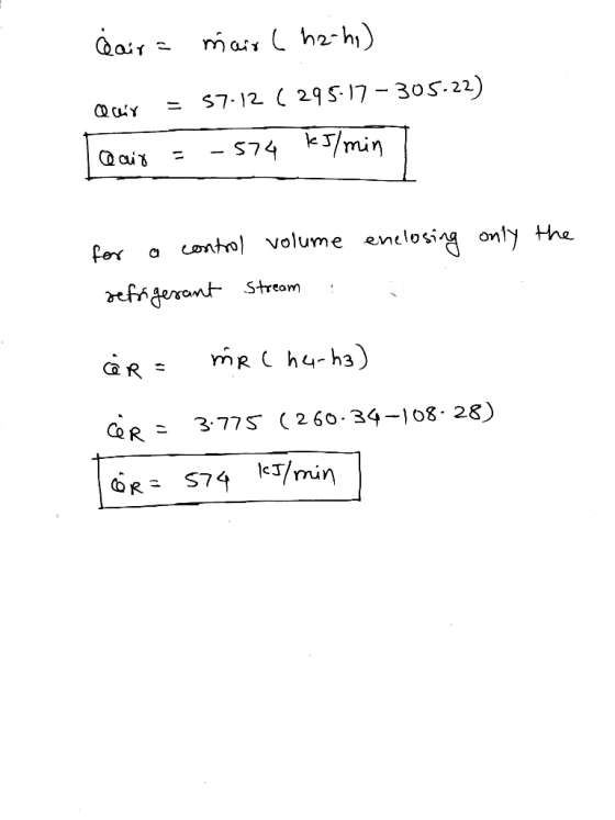 dair = mair (hz-he) Qur = 57.12 ( 295-17-305.22) @air = -574 kJ/min for a control volume enclosing only the refrigerant Stre