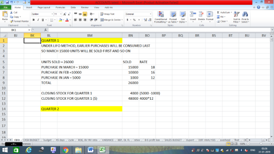 Home nert Page Layout Formulas Data Review View dd-Ins Cut Σ AutoSum ー E ゴWrap Text ta copy. в 1 프 . Ej-., Δ. : rーー 逻锂函Merge & Center. $, % , 弼,8 C Conditional Format CeInsert Delete Format Formatting, as Table w styles. ▼ ㆆ ▼ Sort &Find & 2 ClearFe Select Editing Format Painter Clipboard Alignment Number Cells BK1 BJ BK BL BM BN BO BP BQ BR BS BT BU QUARTER 1 UNDER LIFO METHOD, EARLIER PURCHASES WILL BE CONSUMED LAST SO MARCH 15000 UNITS WILL BE SOLD FIRST AND SO ON 4 UNITS SOLD 26000 PURCHASE IN MARCH 15000 PURCHASE IN FEB =10000 PURCHASE IN JAN 5000 TOTAL SOLD RATE 15000 10000 1000 26000 18 16 12 6 10 CLOSING STOCK FOR QUARTER 1 CLOSING STOCK FOR QUARTER 1 (S) 4000 (5000-1000) 48000 4000#12 12 13 14 15 16 17 18 19 QUARTER 2 | FIFO . CASH BUDGET BV MV ratio VARIANCE BEP, OL FLratios B-S loss SALES BUDGET DIFF ANALYSIS overheadfloat 1 45 31-01-2019