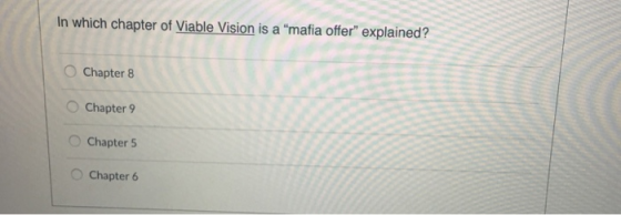 In which chapter of Viable Vision is a mafia offer explained? O Chapter 8 Chapter 9 Chapter 5 0 Chapter 6