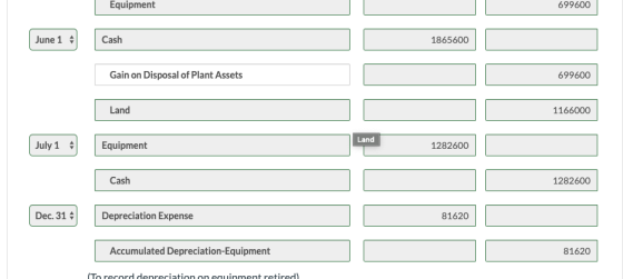 Equipment 699600 June 1 Cash 1865600 D C 6 699600 99 Gain on Disposal of Plant Assets Land Land 1166000 July 1 Equipment 1282