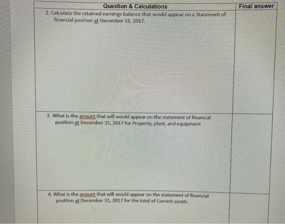 Final answer Question & Calculations 2. Calculate the retained earnings balance that would appear on a Statement of financial