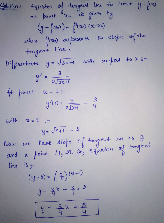 is given by Solution - Equation of tangent line to curve ya feses at point to (y - fx)) = f(x) (x-20) where frxo) su presen