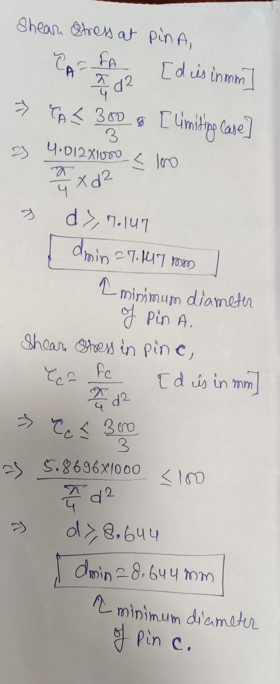 a minimum diameter Shear stress at pina, [d is inmom 22 4.01281000 < loro ñ 3 Cos FA A d2 > CAL 3008 [ limiting case qx d² Л