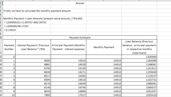 Answer 3 Firstly we have to calculate the monthly payment amount 5 Monthly Payment = Loan Amount/ (present value annuity (-75
