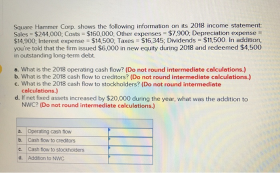 Square Hammer Corp. shows the following information on its 2018 income statement Sales-$244,000; Costs = $160,000; Other expenses-$7,900; Depreciation expense- $14,900; Interest expense = $14,500. Taxes-$16,345; Dividends-$11,500. In addition, youre told that the firm issued $6,000 in new equity during 2018 and redeemed $4,500 in outstanding long-term debt. a. What is the 2018 operating cash flow? (Do not round intermediate calculations.) b. What is the 2018 cash flow to creditors? (Do not round intermediate calculations.) c. What is the 2018 cash flow to stockholders? (Do not round intermediate calculations) d. If net fixed assets increased by $20,000 during the year, what was the addition to NWC? (Do not round intermediate calculations.) a Operating cash flow b. Cash flow to creditors c. Cash flow to stockholders d. Addition to NWC
