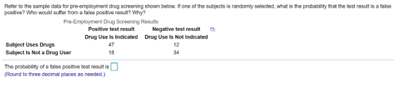 Refer to the sample data for pre-employment drug screening shown below. If one of the subjects is randomly selected, what is the probability that the test result is a false positive? Who would suffer from a false positive result? Why? Pre-Employment Drug Screening Results Positive test result Drug Use Is Indicated 47 18 Negative test result Drug Use Is Not Indicated 12 34 Subject Uses Drugs Subject Is Not a Drug User The probability of a false positive test result is (Round to three decimal places as needed.)