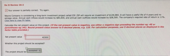 Do It Review 26-2 Your answer is partially correct. Try again. Wayne Company is considering a long-term investment project ca
