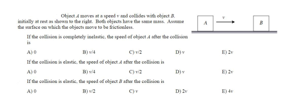 Object A moves at a speed v and collides with object B, initially at rest as shown to the right. Both objects have the same m