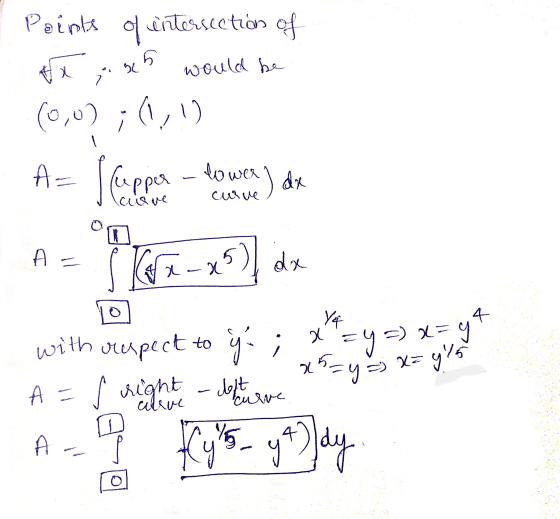 Points of intersection of 4x 35 would be (0,0) i (1,1) A= (upper lower ) dx cuve curve O A Skorx-x) dx lo with respect to s r