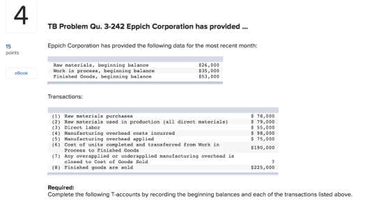 4 TB Problem Qu. 3-242 Eppich Corporation has provided... 15 Eppich Corporation has provided the following data for the most recent month points Raw materials, beginning balance Work in process, beginning balance Finished Goods, beginning balance $26,000 $35,000 $53,000 eBook Transactions: (1) Raw m (2) Raw materials used in production (all direct materials) (3) Direct labor (4) Manufacturing overhead costs incurred (5) Manufacturing overhead applied (6) Cost of units completed and transferred from Work in aterials purchases $ 78,000 $ 79,000 55,000 $ 98,000 $75,000 $190,000 Process to Finished Goods (7) Any overapplied or underapplied manufacturing overhead is closed to Cost of Goods Sold (8) Finished goods are sold $225,000 Required: Complete the following T-accounts by recording the beginning balances and each of the transactions listed above