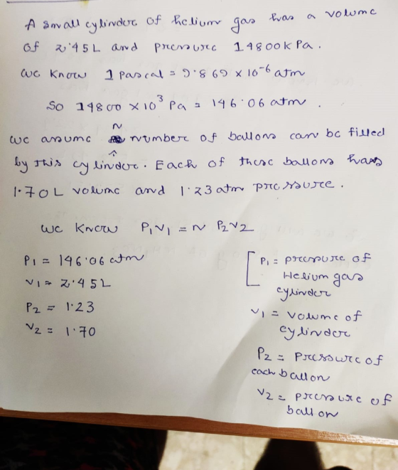 Voume Bvar A Saval cylivdut of hclium gan 14800 k Pa of 45 L ad Pre uc wc Knotw 1 Pan cal 98 69 x 16-6 atm 14 6 06atm So 148c