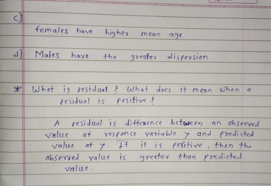 females have higher mean age. d] Males have the greater dispersion What is residual & What does it mean when residual is posi