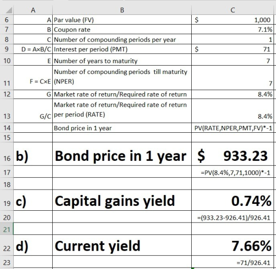 $ 1,000 7.1% 1 9 10 А B A Par value (FV) B Coupon rate C Number of compounding periods per year D = AxB/C Interest per period