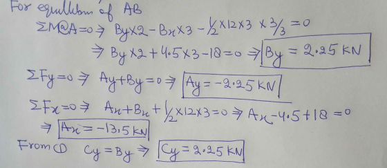 For equillions of AB ΣΜΑ: => By X2 - Bu x3 - YX12x3 X3½ → By x2 +4.5x3-1820 = By = 2.95 KN EFy=0 7 Ay+By = 0 7 Ay=-2.25 kN/ F