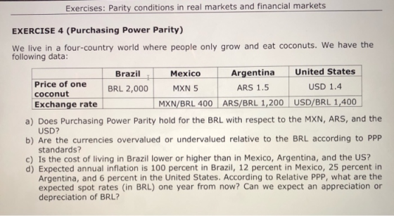 Exercises: Parity conditions in real markets and financial markets EXERCISE 4 (Purchasing Power Parity) We live in a four-cou