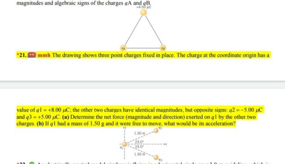 magnitudes and algebraic signs of the charges gA and qB. +4.00 C *21. mmh The drawing shows three point charges fixed in plac