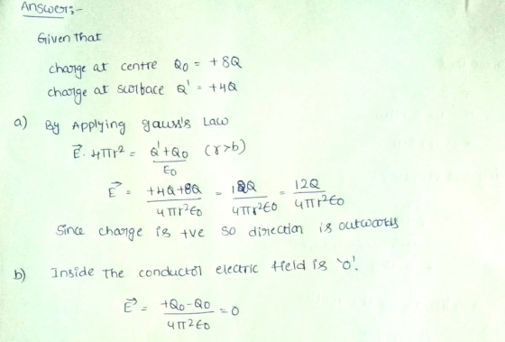 Given that charge at Centre &0=+8Q change ar soibace & 4 a) By Applying gaudg Laco Eo Sinca change is tve so direction İgoutcoaru b) Inside the conductlelectric feld is o 4 IT2