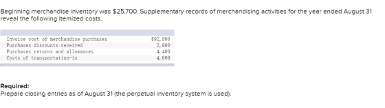 Beginning merchandise inventory was $25,70O. Supplementary records of merchandising activities for the year ended August 31 r