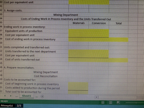 20 Cost per equivalent un Total 12 3. Assign costs. Mixing Department Costs of Ending Work in Process Inventory and the Units