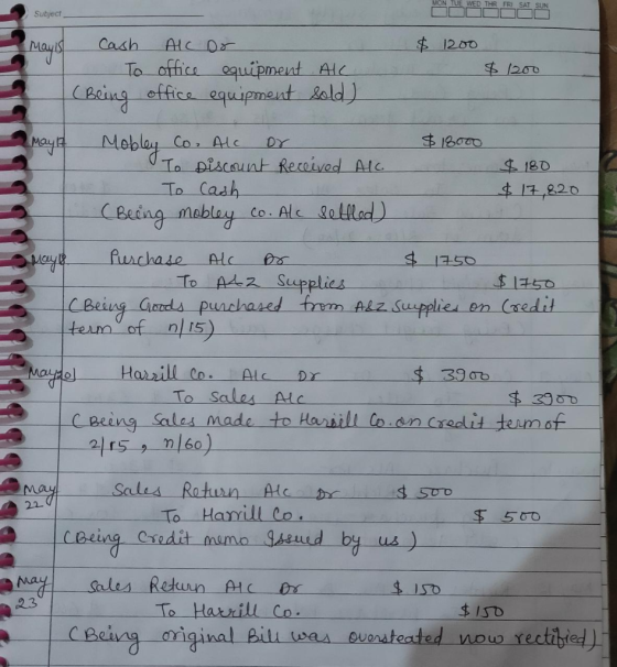 Subject $ 1200 a Mayis v $ 1200 2 May $18000 Cash Alcor To office equipment ALC (Being office equipment Sold) Mobley Co. All