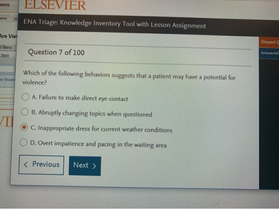ELSEVIER ems ems el ENA Triage: Knowledge Inventory Tool with Lesson Assignment Are Vie Skipped C Filters: Answered Question