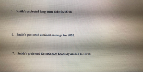 5. Smiths projected long-term debt for 2018. 6. Smiths projected retained earnings for 2018. 7. Smiths projected discretio