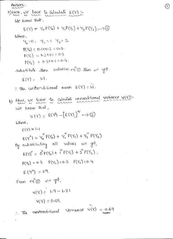 a)ttere, we have to Calculal ECY)!- Wle kno hal- E(Y) :. thu urtondiional mean ECY) - re, we haue to caleulak uncond tional vaxiance vv): lnle know hat Wlhexe ef Substituting ell valuaj uoe ft ULY): 1.9-1.21