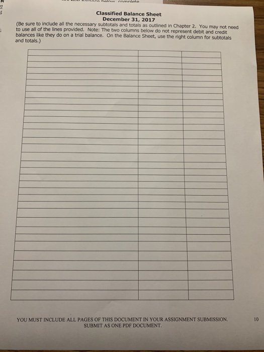 -- P late Classified Balance Sheet December 31, 2017 (Be sure to include all the necessary subtotals and totals as outlined i