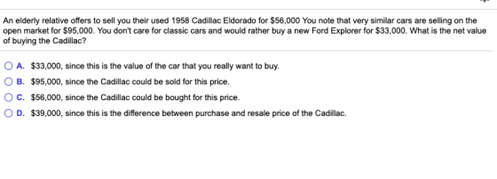 An elderly relative offers to sell you their used 1958 Cadillac Eldorado for $56,000 You note that very similar cars are sell