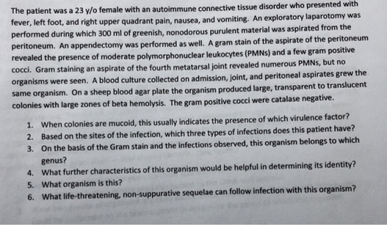 The patient was a 23 y/o female with an autoimmune connective tissue disorder who presented with fever, left foot, and right