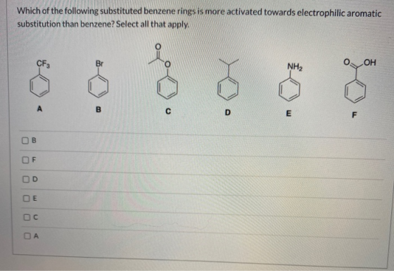Which of the following substituted benzene rings is more activated towards electrophilic aromatic substitution than benzene?