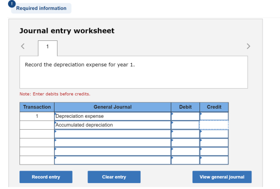 ! Required information Journal entry worksheet < 1 > Record the depreciation expense for year 1. Note: Enter debits before cr