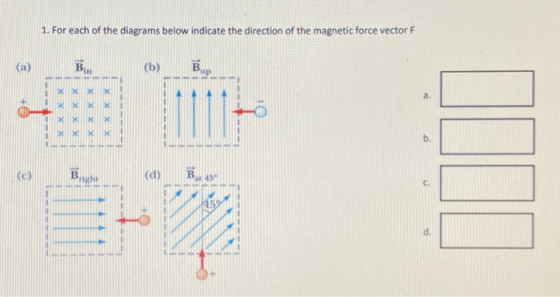 1. For each of the diagrams below indicate the direction of the magnetic force vector F (a ) B in (b) ир b Вам (d) c d.