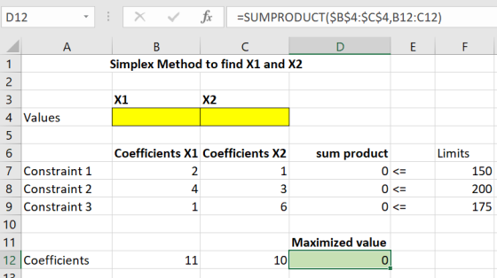 D12 --- Х fr =SUMPRODUCT($B$4:$C$4,B12:012) A D E F B C Simplex Method to find X1 and X2 1 2 2 3 X1 X2 4 Values 5 6 7 Constra