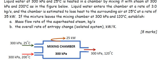 Liquid water at 300 kPa and 25°C is heated in a chamber by mixing it with steam at 300 kPa and 200°C as in the figure below.