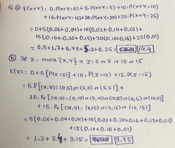 $ @ E(x+r): 0.P(x+y=0) +5.P(x+y=5)+10.P(x+y=10) +15.P(x+Y: 15)+20.P(x+Y=20)+25,P(x+Y=25) = 0+5(0.06+0.04)+10(0.02+0.14+0.01)+