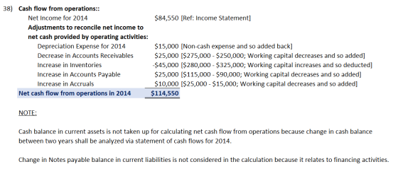 38) Cash flow from operations:: Net Income for 2014 $84,550 [Ref: Income Statement] Adjustments to reconcile net income to ne