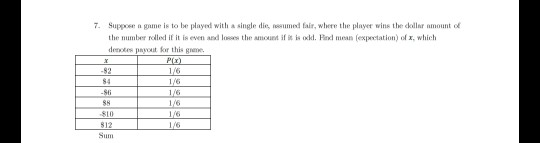 x 7. Suppo a gome is to be played with a single dies med far, where the player wins the dollar amount of the number rolled if