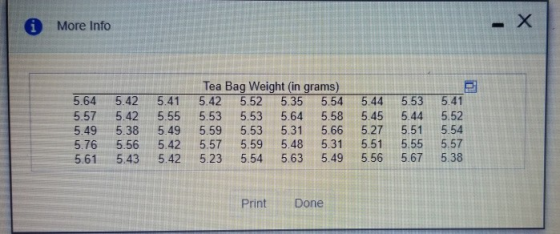 i More Info 5.64 5.42 5.57 5.42 5.495.38 5.76 5.56 5.61 5.43 5.41 5.55 5.49 5.42 5.42 Tea Bag Weight (in grams) 5.42 5.52 5.3