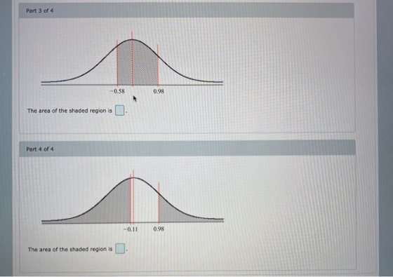 Part 3 of 4 -0.58 The area of the shaded region is . Part 4 of 4 -0.11 0.98 The area of the shaded region is