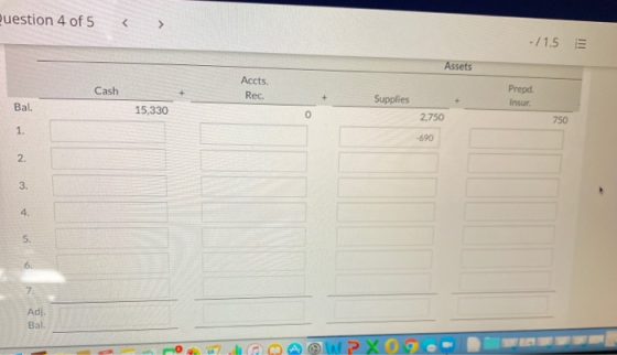 Question 4 of 5 - /1.5 Assets Cash Accts. Rec. Supplies Prepd. Insur Bal. 15,330 o 2.750 750 -690 1. 2 . 3. 4. 5. 6. Adi Bal.