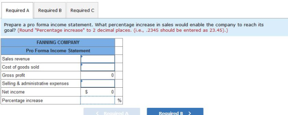 Required A Required B Required C Prepare a pro forma income statement. What percentage increase in sales would enable the com