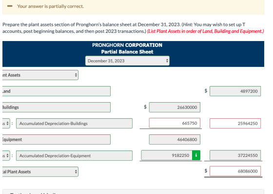 - Your answer is partially correct. Prepare the plant assets section of Pronghorns balance sheet at December 31, 2023. (Hint