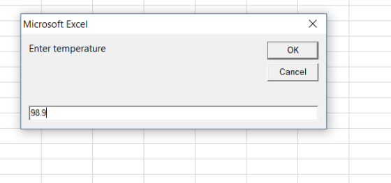 Microsoft Excel Enter temperature OK Cancel 98 盤!)
