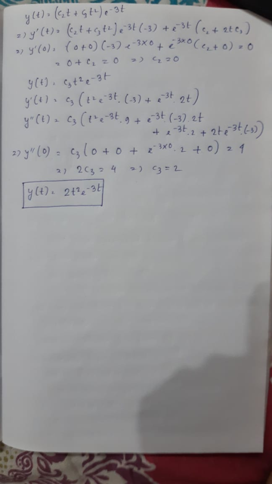 2) ₂20 y(t) = (ket + GEL), -32 2) y (t) = ((2 t + g +2) e 3+ (-3) test (a + 2tc,) 2) y(0), (0+o) (-3) e 3x0 + e 30 (+0) ₃0 2