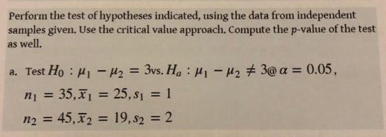 Perform the test of hypotheses indicated, using the data from independent samples given. Use the critical value approach. Com