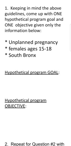 1. Keeping in mind the above guidelines, come up with ONE hypothetical program goal and ONE objective given only the informat