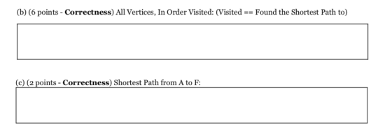 (b) (6 points-Correctness) All Vertices, in Order Visited: Visited-= Found the Shortest Path to) (c) (2 points - Correctness)