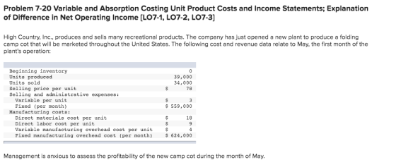 Problem 7-20 Variable and Absorption Costing Unit Product Costs and Income Statements; Explanation of Difference in Net Opera